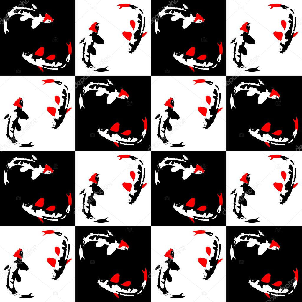 Seamless abstract geometric pattern on a chess background with fish