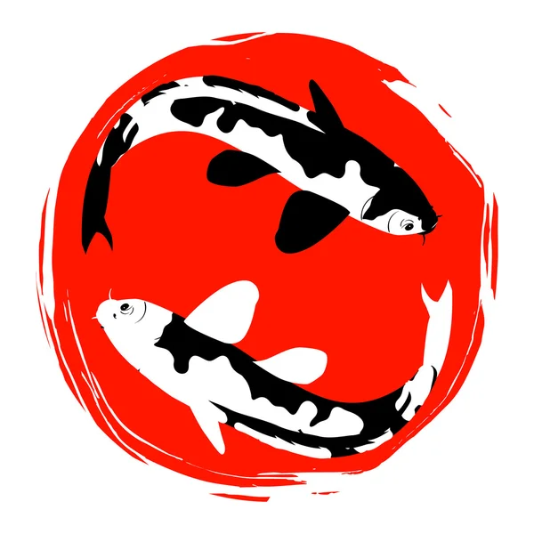 İki koi carps ve kırmızı güneş elle çizilmiş