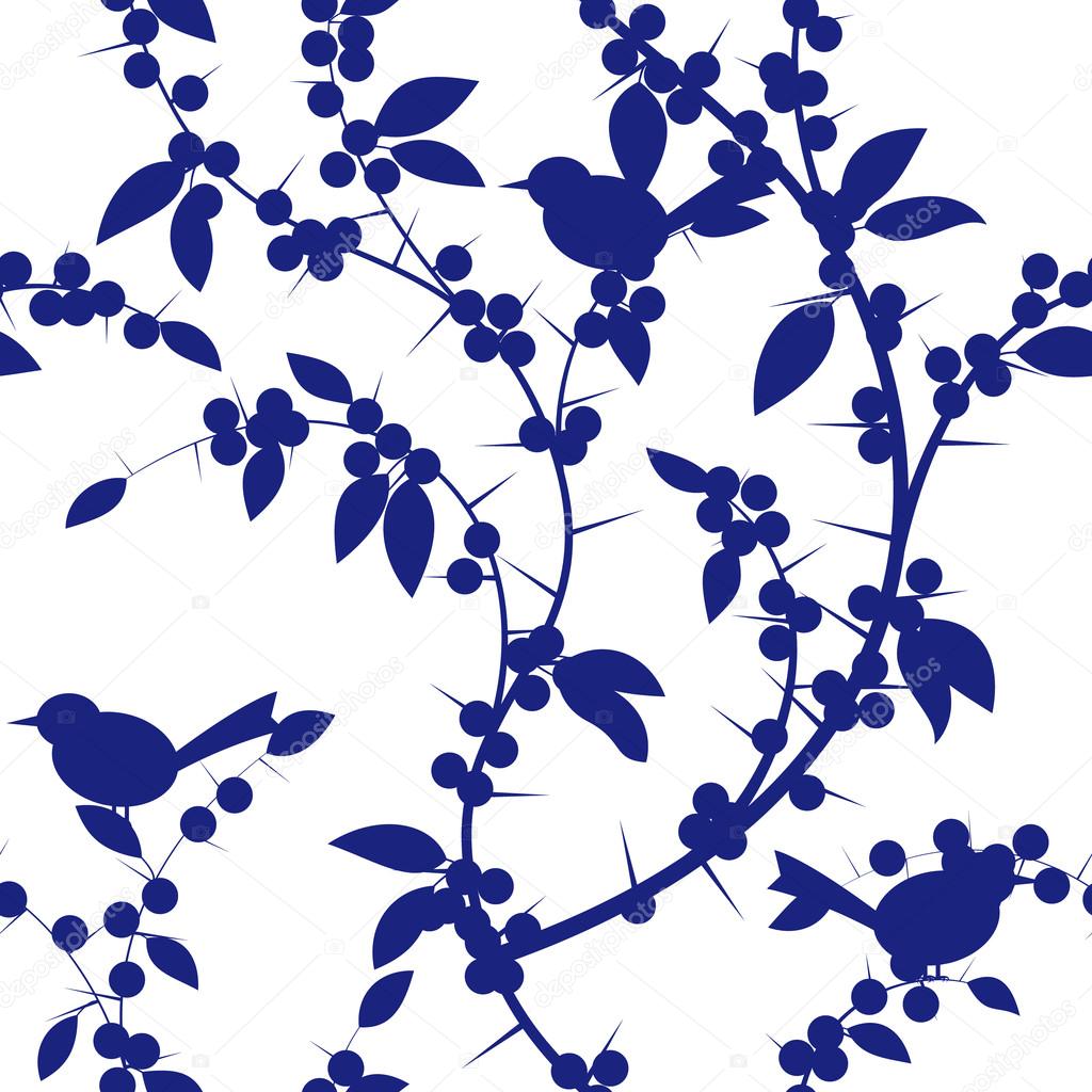 Seamless pattern of Blackthorn berries and birds
