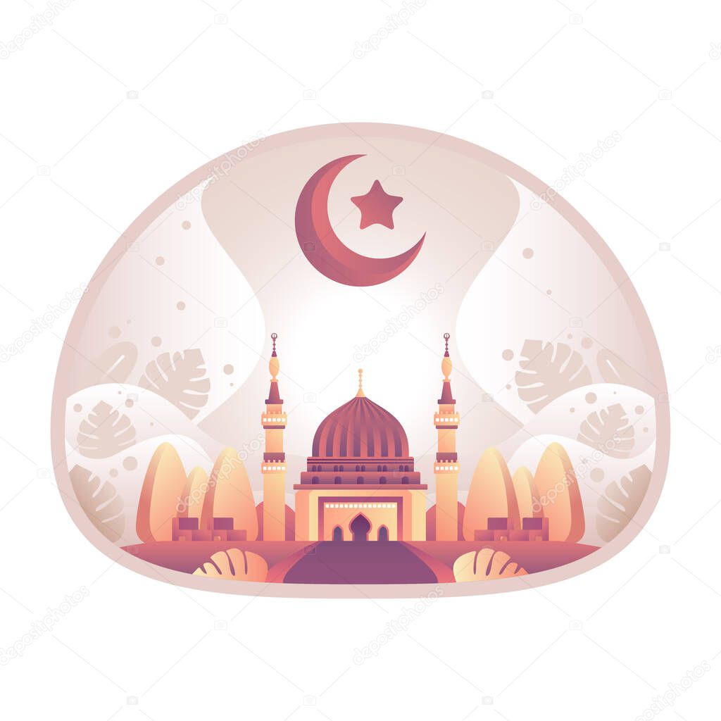 Mosque Illustration with Crescent Moon