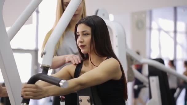 Pretty brunette with vinous lips does exercises on trainer of Hammer. — Stock Footage Pretty brunette with vinous lips does exercises on trainer of Hammer. Stock Footage