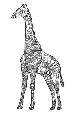 Yetişkin anti-stres boyama sayfası, tişört amblemi, logo ya da dövmeli karalama, zentangle, çiçek tasarımı elementleri için el yapımı zürafa taslağı..