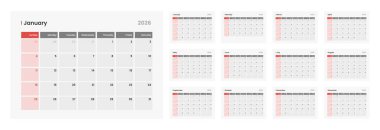 Temiz ve basit 2026 takvim tasarımı. 2026 aylık takvim şablonu. Günlük planlayıcı takvim şablonu.