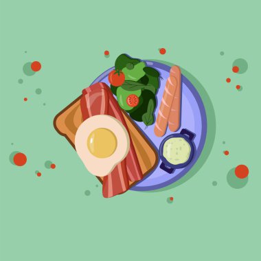 Yumurtalı sandviç ve pastırmalı yeşil salata ve sosisli kahve.