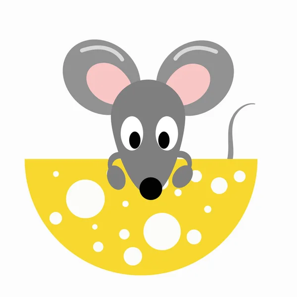 灰色老鼠和一大块美味的奶酪 — 图库矢量图片