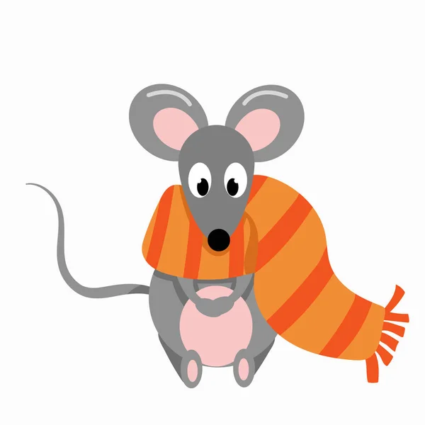 灰老鼠 大耳朵 裹着温暖的橘红色围巾 — 图库矢量图片