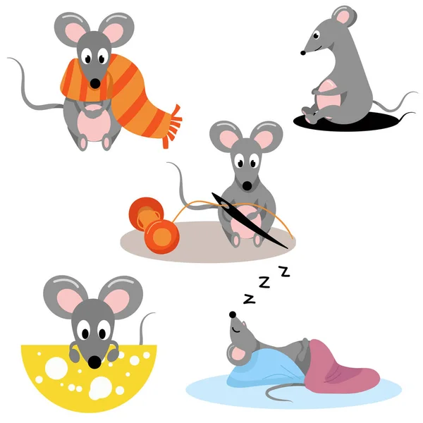 Pět Šedých Myší Sýrem Šátkem Nitěmi Spánkem Odpočinkem — Stockový vektor