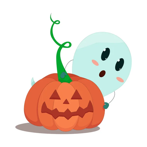 Una Calabaza Naranja Para Halloween Con Fantasma Detrás — Vector de stock