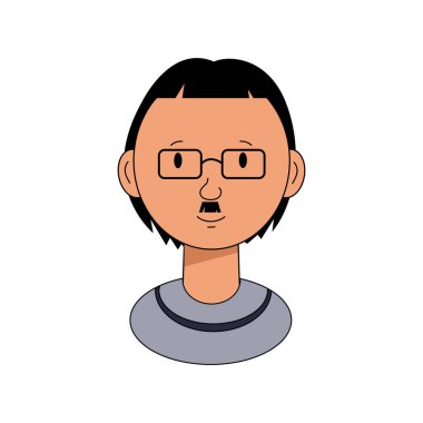 Kare gözlüklü, gri kazaklı, bıyıklı bir adamın portresi.