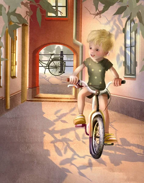 Gyerekraszter Illusztráció Egy Kisfiú Biciklizik Ház Udvarán Napfény Árnyékok Földön Stock Fotó