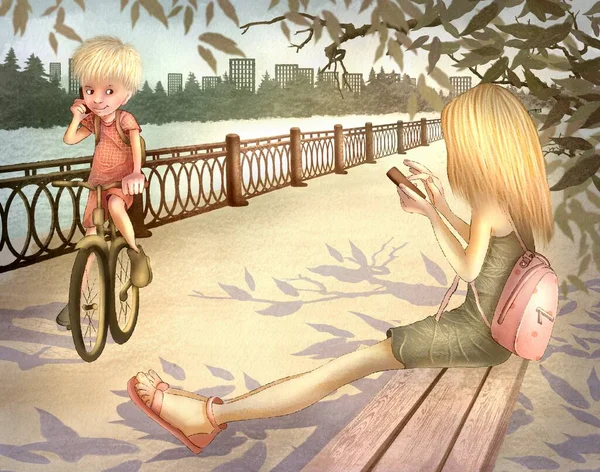 Gyerekraszter Illusztráció Egy Lány Hátizsákos Ruhában Egy Padon Parkban Fiú Stock Kép