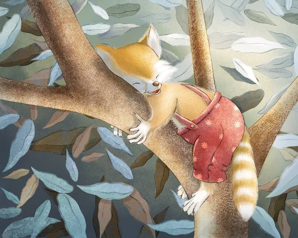 Children's raster illustration. Story. A little raccoon sleeps on a tree. Raccoon in panties with suspenders. The raccoon has a fluffy face and a striped tail. The color is yellow, beige, brown, red, green, turquoise.