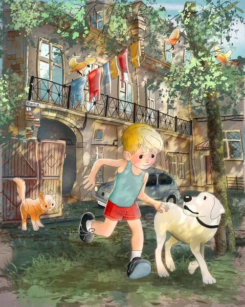 Παιδική Εικονογράφηση Κινουμένων Σχεδίων Ένα Αγόρι Τρέχει Στο Δρόμο Σκύλο — Φωτογραφία Αρχείου