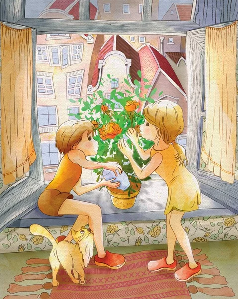 Children\'s cartoon illustration. Fairy tale Snow Queen. Girl Gerda and her brother Kai take care of a blooming rose. Color green yellow red gray