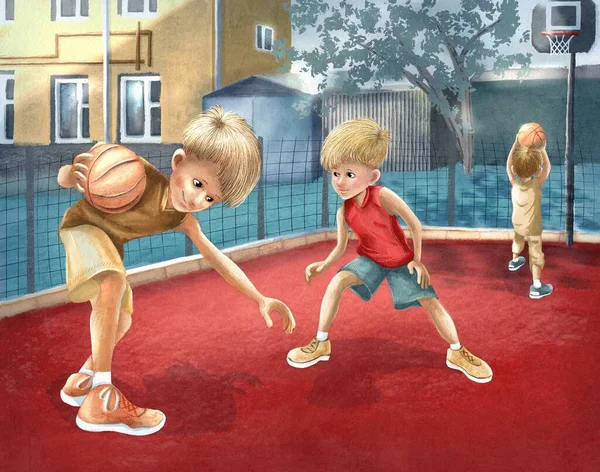 Gyerekraszter Illusztráció Fiúk Kosárlabdáznak Ház Udvarán Játszótér Sportgyerek Játék Szín Jogdíjmentes Stock Fotók