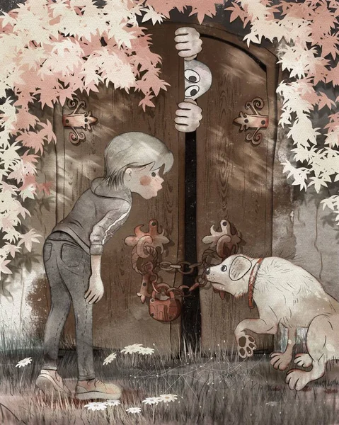 Gyerekrajzfilm Illusztráció Történetet Fiú Kutya Láttak Egy Elhagyatott Kastélyt Ahol Stock Kép