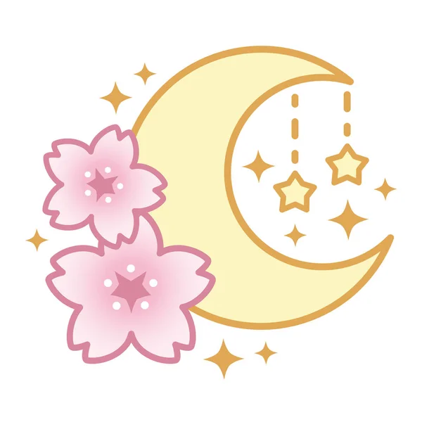 Illustration Vectorielle Mignonne Lune Avec Fleur Sakura Étoiles — Image vectorielle