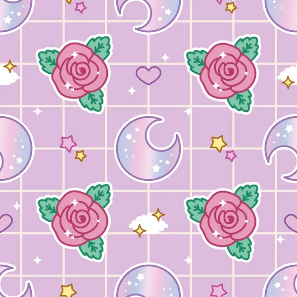赤いバラと星とピンクと紫の月のかわいいシームレスなパターン ロイヤリティフリーストックベクター