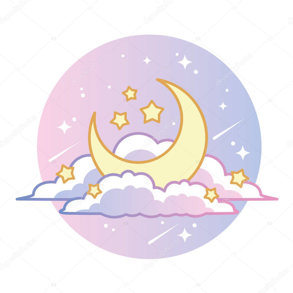 Cute vector illustration of moon with clouds and stars in a starry night