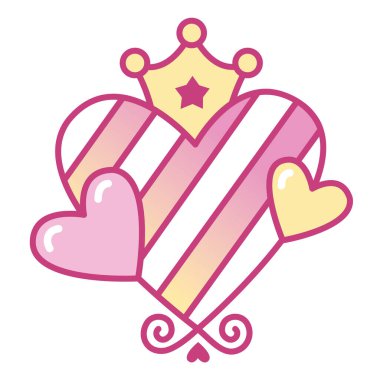 Kawaii 'nin sevimli temsili. Taçlı ve yıldızlı pembe ve sarı kalpler.