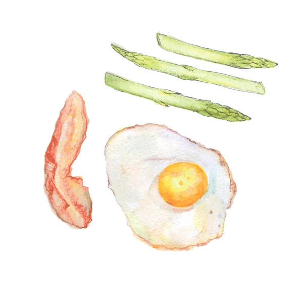 Pequeno-almoço. Pintura aquarela de ovos fritos, bacon e espargos . — Vetor de Stock