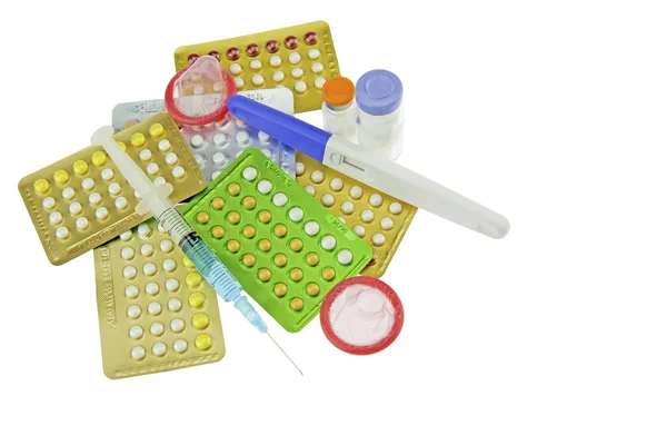 Kit de test de grossesse, préservatif masculin, contraceptif oral, urgence p — Photo