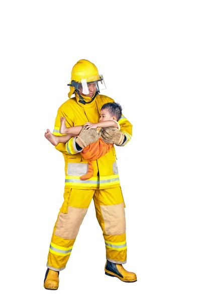 Firefighter, fireman rescued the child from the fire, isolated o — Stock Photo, Image