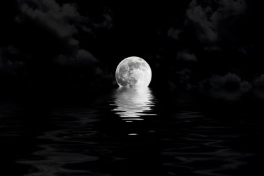 dark full moon in cloud with water reflection closeup showing the details of the lunar clipart