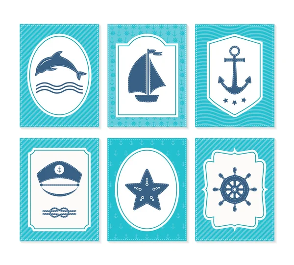 Tarjetas náuticas y marítimas, distintivos y etiquetas . — Vector de stock