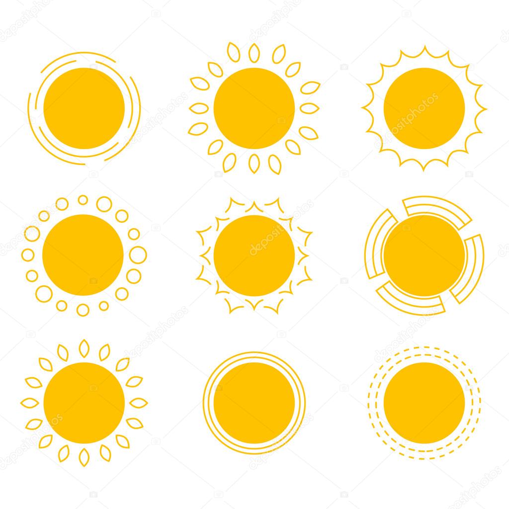 Vector collection sun icons - design elements. Set of abstract symbols of the sun.