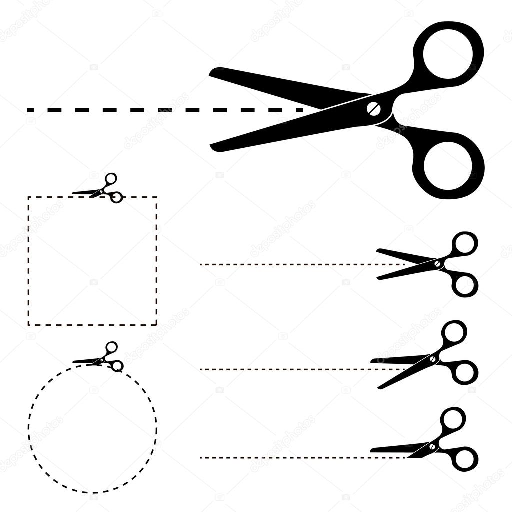  Scissors silhouette and cut lines set