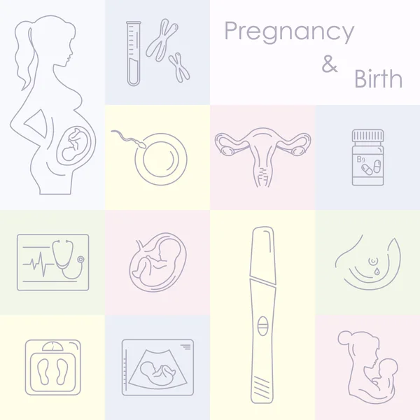 Medicine and pregnancy vector line icons set — Stock Vector