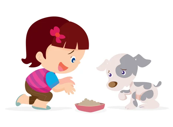 Cute girl give food dog — Stock Vector