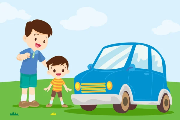 Pai e filho olhar para o carro —  Vetores de Stock