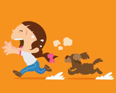 cute girl running away from angry dog clipart