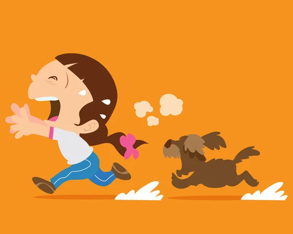 Linda chica huyendo de enojado perro — Vector de stock