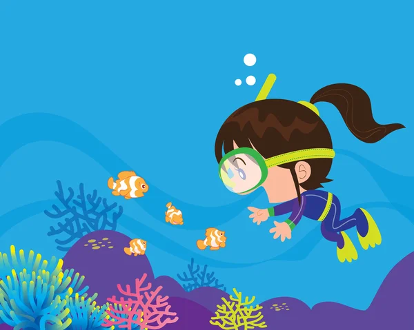 Cute girl  diver under the sea — Stock Vector