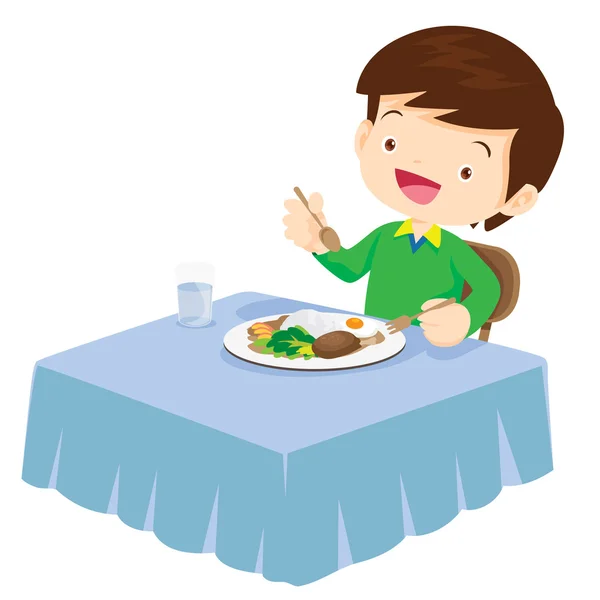 Cute Boy comiendo tan feliz y delicioso — Vector de stock