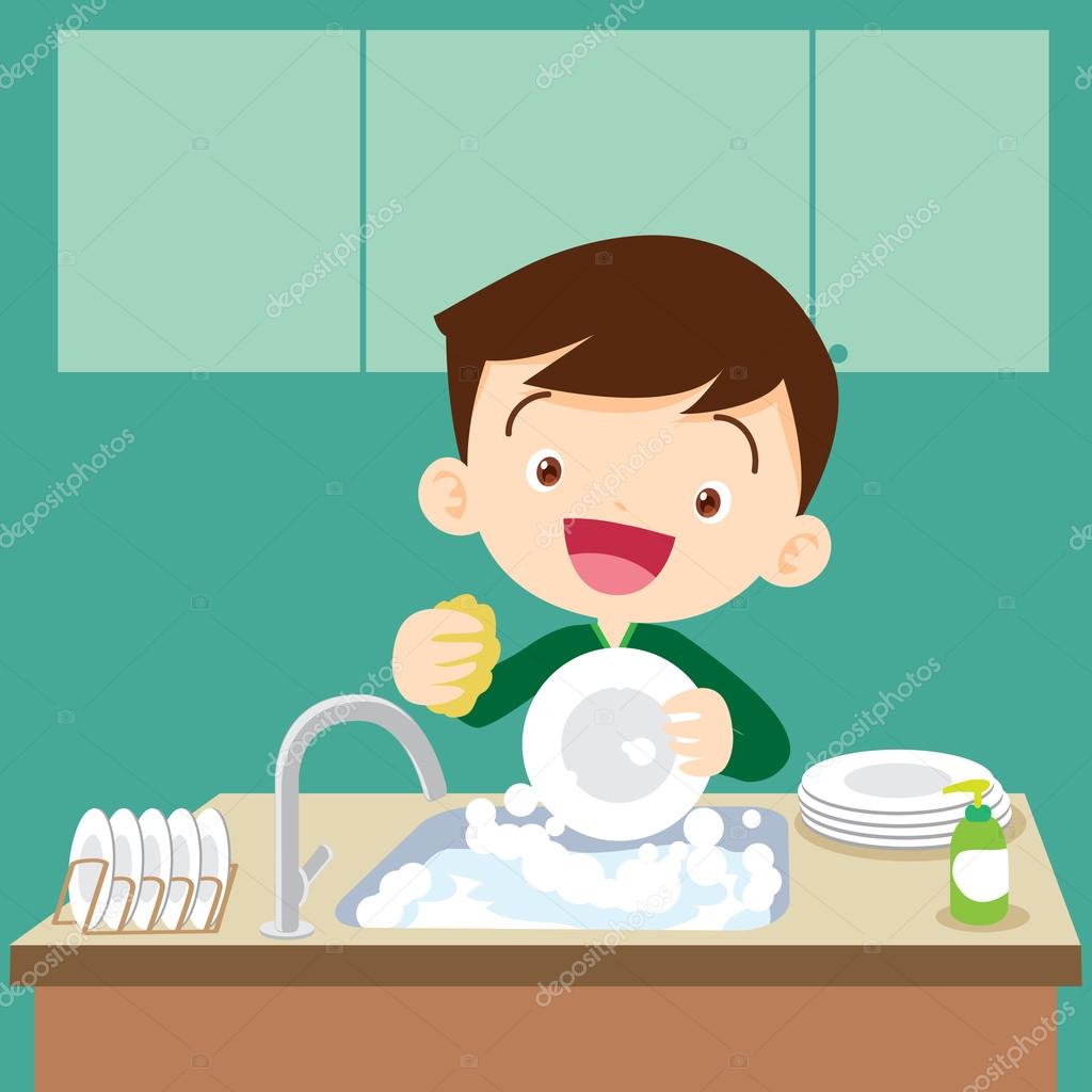 Niño lavando trastes imágenes de stock de arte vectorial | Depositphotos