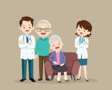 Doktor ve yaşlı hasta kanepede oturuyor. Doktorla görüşen kıdemli insanlar, hastane sağlık hizmetleri konsepti emeklileri. Yaşlı hastaların doktoru..