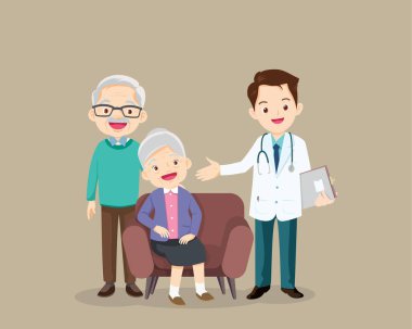Doktor ve yaşlı hasta kanepede oturuyor. Doktorla görüşen kıdemli insanlar, hastane sağlık hizmetleri konsepti emeklileri. Yaşlı hastaların doktoru..