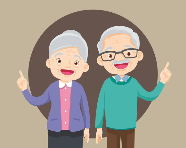Elderly couple pointing finger up, isolated on white background,Old man and woman Finger pointing with empty space, Grandfather Grandmother standing with blank space 