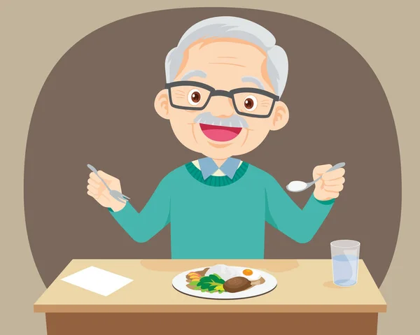 老人幸せな食べ物を食べると 祖父を食べたい 高齢者の食事 高齢者のための健康食品の概念 — ストックベクタ