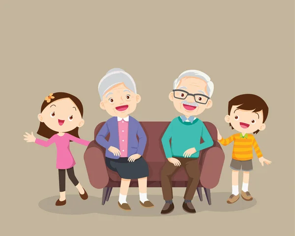 Abuelos Nietos Grupo Personas Pie Niño Pequeño Adolescente Abuelos Felices — Vector de stock