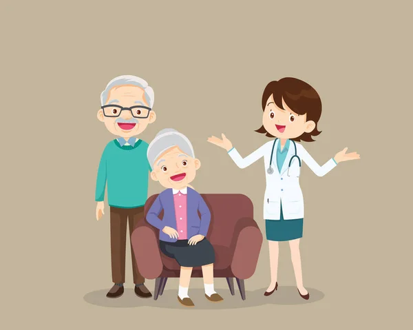 Γιατρός Και Μεγαλύτερος Ασθενής Κάθεται Στον Καναπέ Ηλικιωμένοι Διαβούλευση Γιατρό — Διανυσματικό Αρχείο