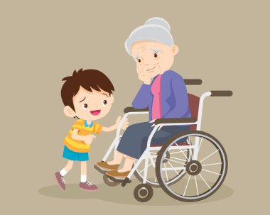 Yaşlılar üzgün. Çocuk teselli eden, üzgün yaşlı kadın sıkılmış, çocuk yaşlı kadını teselli ediyor. Tekerlekli sandalyede tek başına oturuyor. Dikkatli bakıcı hastayla ilgileniyor.