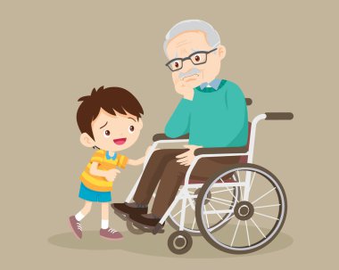 Yaşlılar üzgün. Çocuk teselli ediyor, üzgün yaşlı adam sıkkın, Çocuk yaşlı adamı teselli ediyor. Tekerlekli sandalyede tek başına oturuyor.