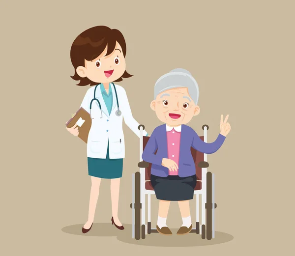 Ηλικιωμένοι Κάθονται Μια Αναπηρική Καρέκλα Γιατρό Φροντίσετε Αμεα Στο Αναπηρικό — Διανυσματικό Αρχείο