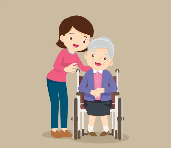 老年妇女坐在轮椅上 女儿温柔体贴地把手放在肩上 女儿照顾母亲 — 图库矢量图片