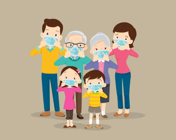 Famille Portant Masque Médical Protection Pour Prévenir Virus Grand Mère — Image vectorielle